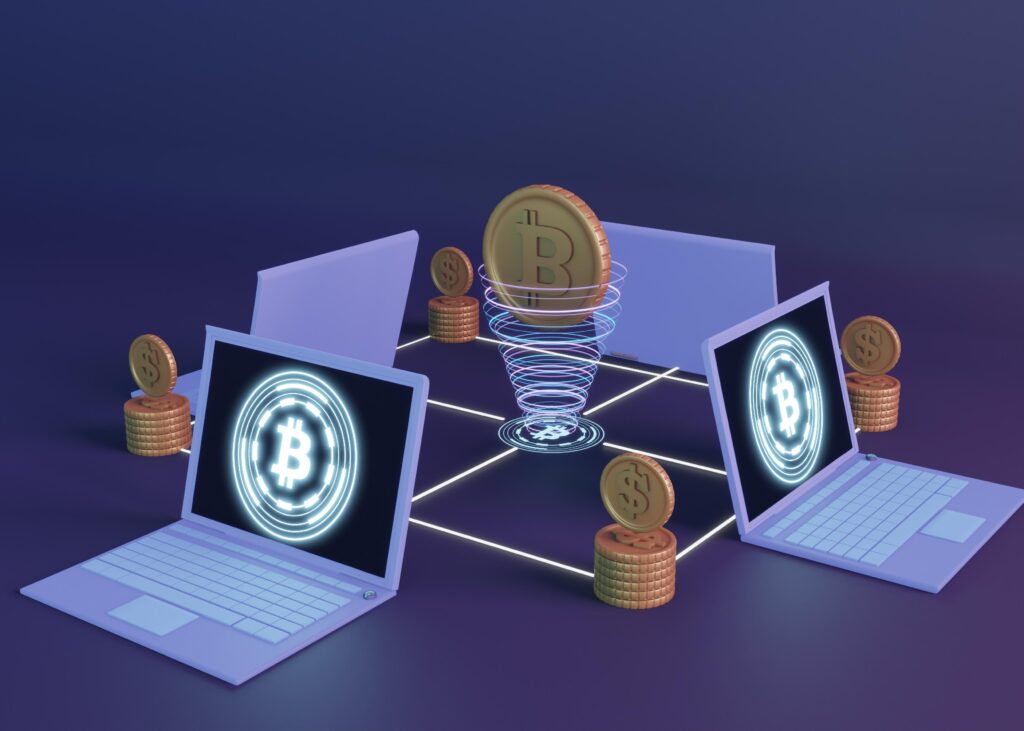 Representa las finanzas descentralizadas mediante el Blockchain